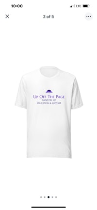 a white t - shirt with a purple logo on it